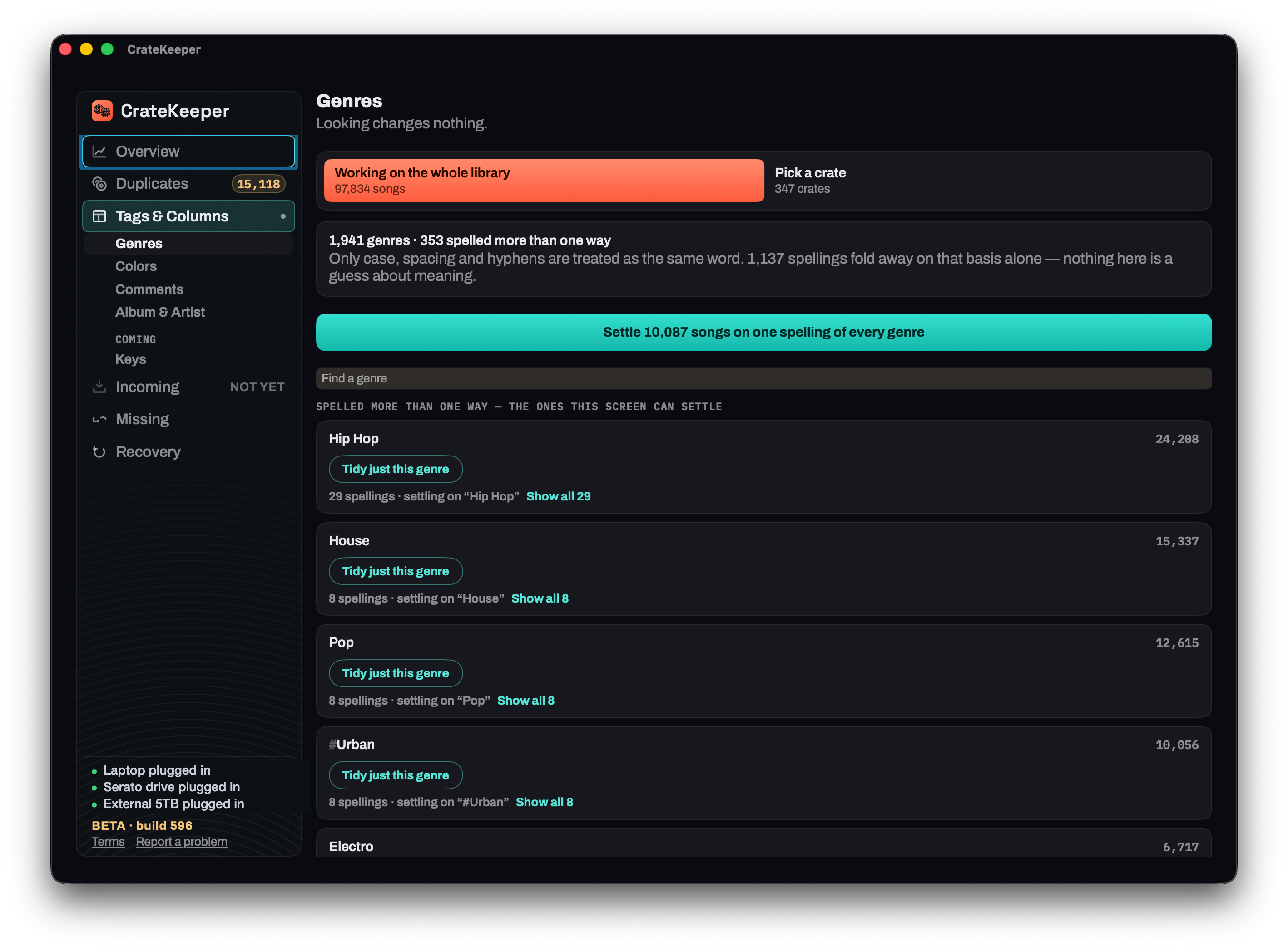 CrateKeeper’s Genres screen, showing 1,941 genres and 353 spelled more than one way