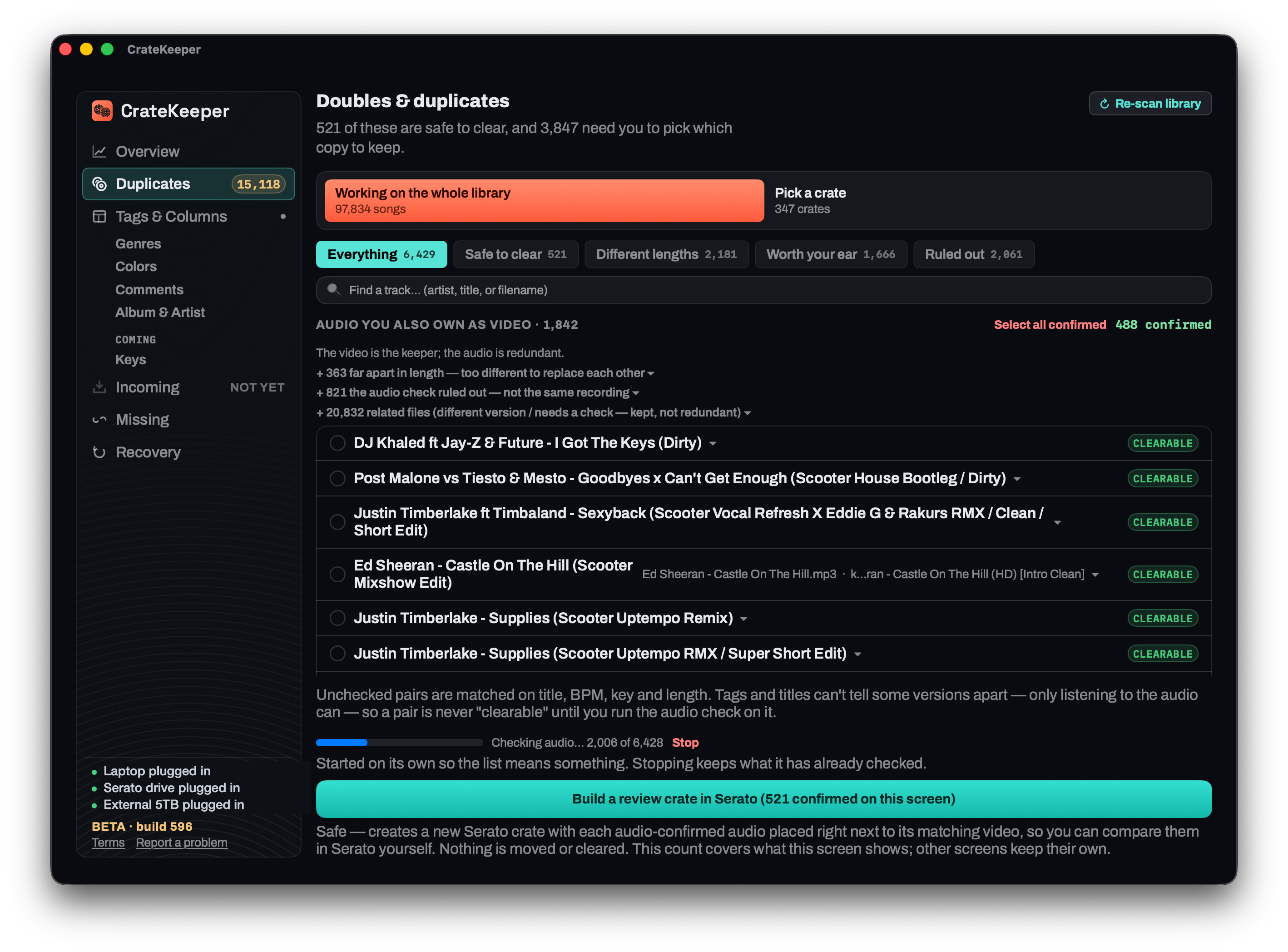 CrateKeeper’s Duplicates screen, showing 15,118 songs with more than one copy