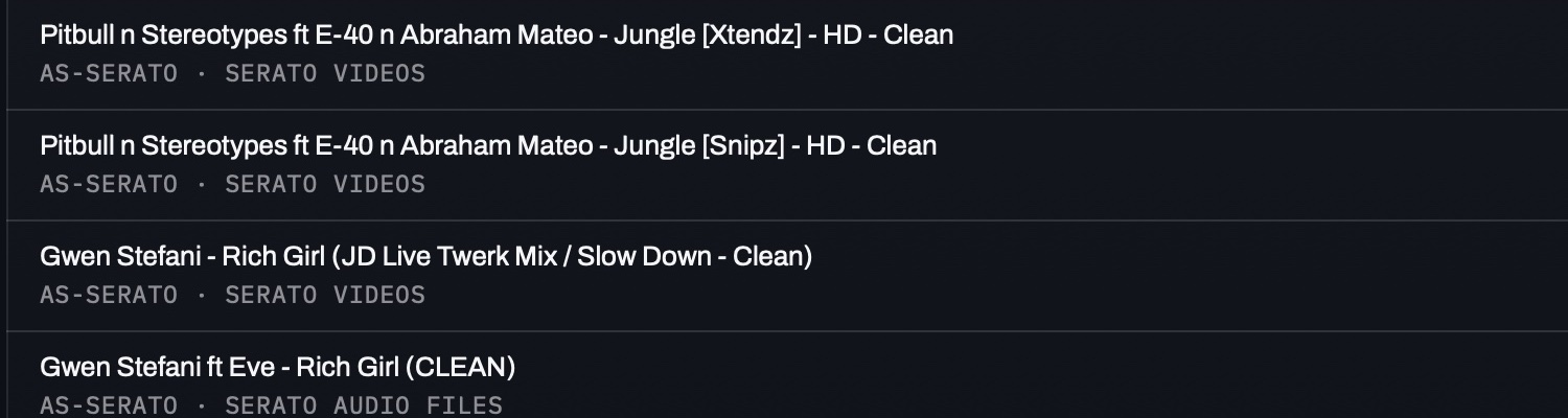CrateKeeper's list of tracks Serato can't find, each row naming the drive and the folder Serato is looking in
