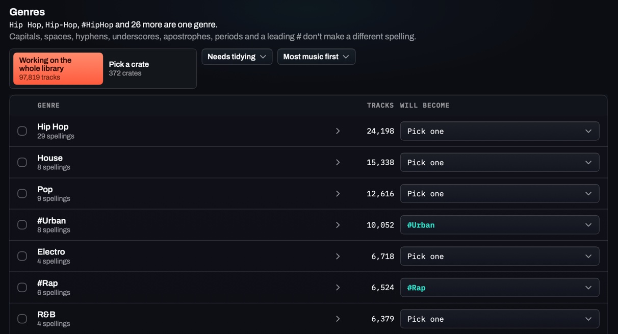 CrateKeeper's Genres screen: Hip Hop with 29 spellings at the top of the table, each genre with a Will become drop-down to pick one spelling
