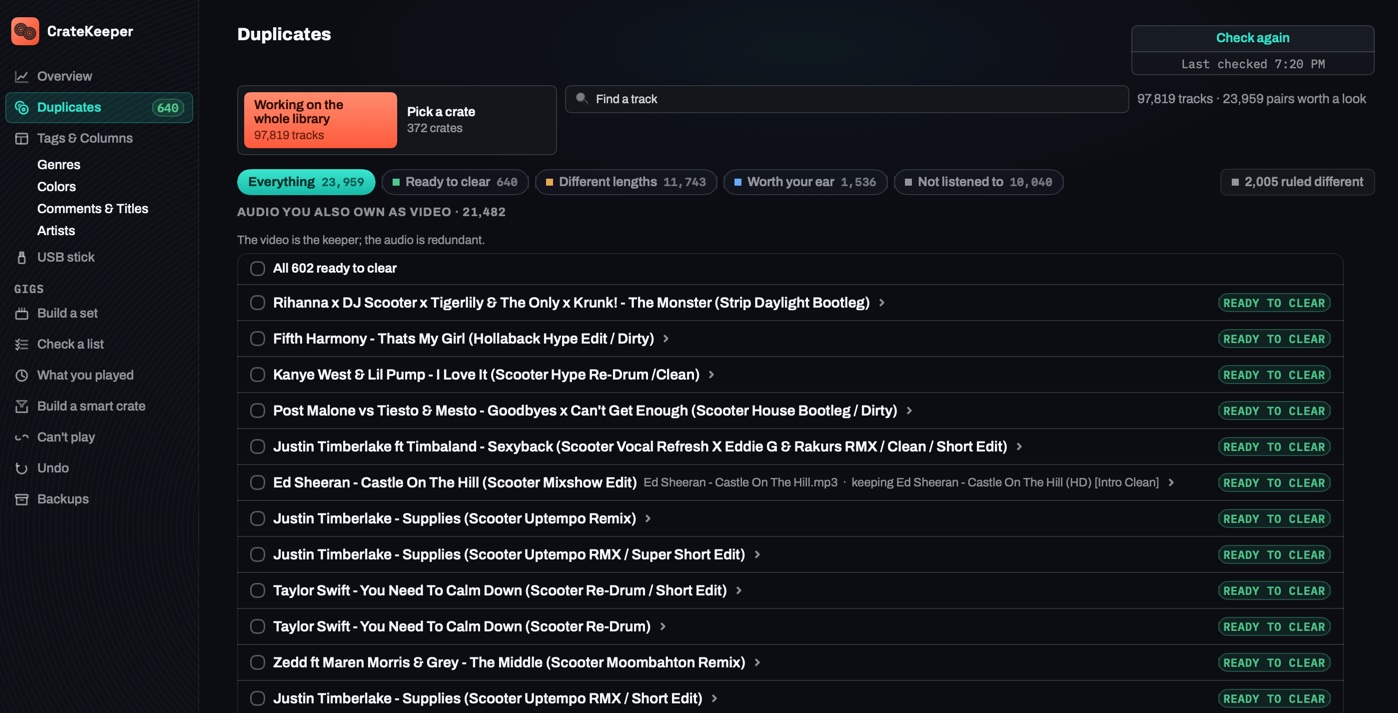 CrateKeeper's Duplicates screen: a list of tracks owned as both audio and video, each one marked Ready to clear, with the video kept and the audio cleared
